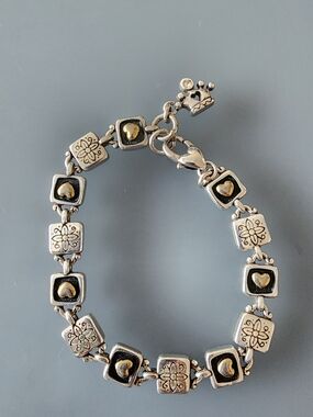 Silver Tone Heart & Tile Charm Bracelet in Two-Tone Finish
